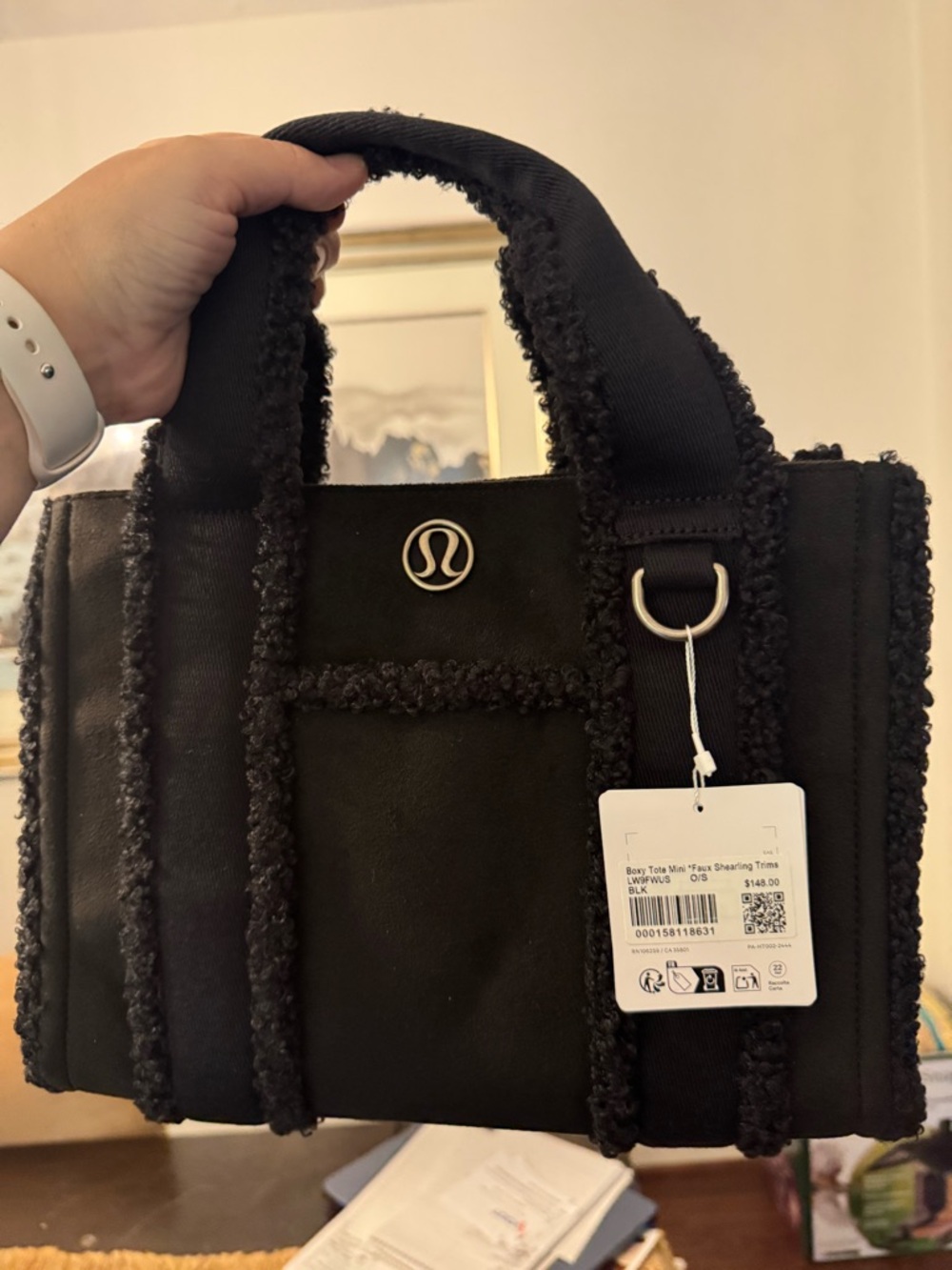 lululemon athletica Black Shearling-Trim Tote